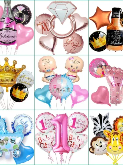 A catalogue of themed foil balloon sets for various occasions like birthdays, anniversaries, and baby showers.