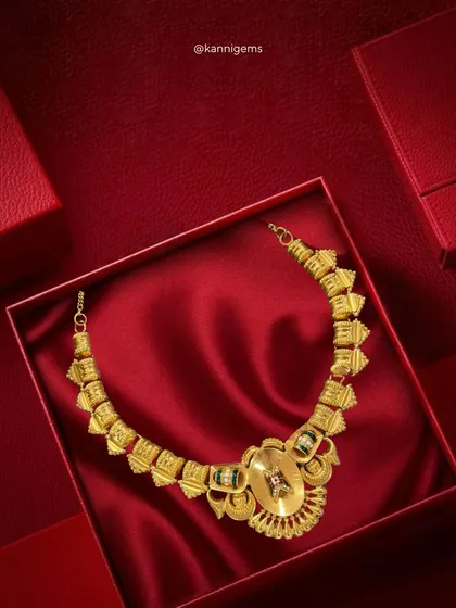 A masterpiece born of heritage and skill, this gold necklace is not just jewellery, it is a legacy. I design pieces like this to elevate your festive look or bridal ensemble with a touch of royal charm.