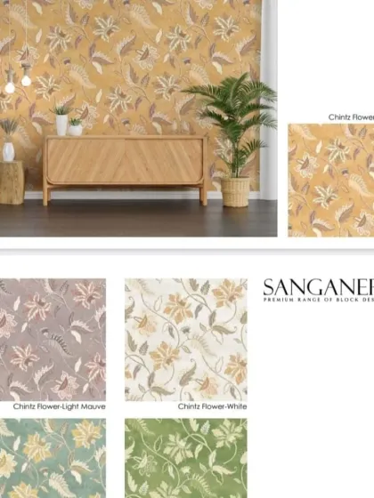 This is the 'Chintz Flower' design from my Sanganeri collection, available in multiple beautiful colorways like Ochre, Mauve, and White. It's a classic block print style that brings a touch of Rajasthan to your home.