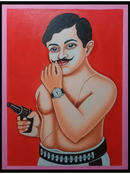 The completed portrait of Chandra Shekhar Azad against a vibrant red background, highlighting the intensity of the figure.