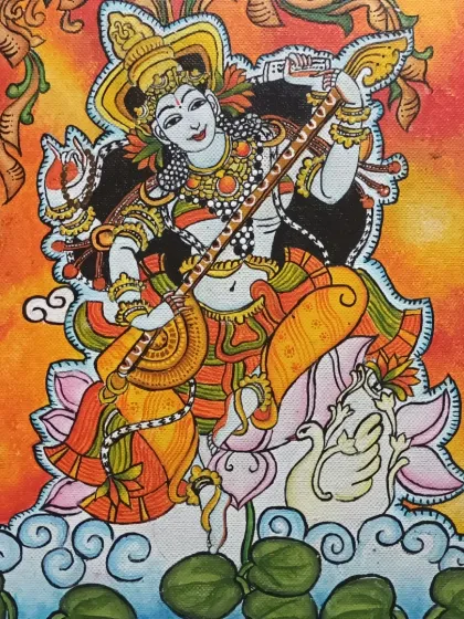A student's finished Kerala mural, painted with acrylics. This piece highlights the vibrant colours and intricate designs that are central to this traditional Indian art form, which I specialize in teaching.