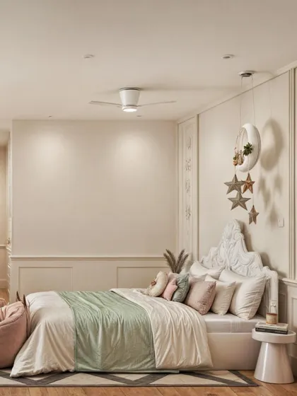 The whimsical headboard and celestial wall decor add a touch of magic to this classic bedroom design.