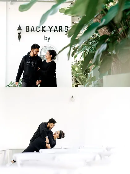 A fun and dynamic collage from an indoor shoot. It features a romantic dip and a candid walking shot, showing a range of moods from playful to intimate.