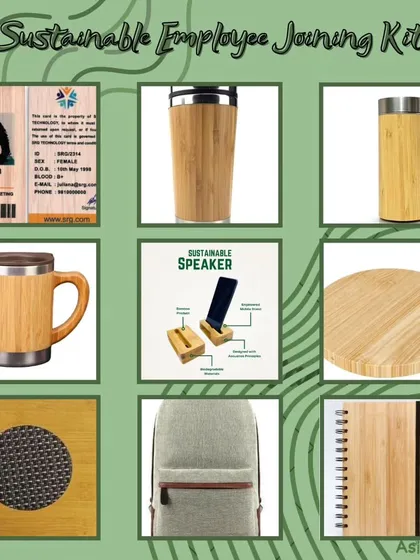 Our sustainable employee joining kits are a thoughtful way to welcome new team members while reinforcing your company's commitment to the planet. This collage showcases some of the customizable items we offer, including bamboo ID cards, drinkware, wireless chargers, notebooks, and eco-friendly backpacks.