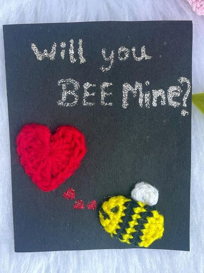 "Will you BEE Mine?" A handmade Valentine's card with a touch of crochet. This unique card features a cute little bee and a heart, with space inside for your personal message.