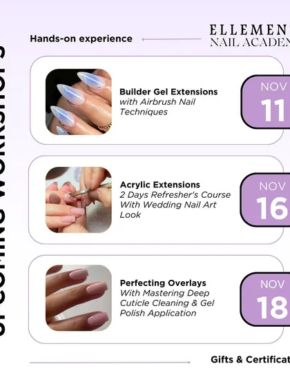 Our upcoming workshops in November are designed to help you skill up. Join us for Builder Gel Extensions with Airbrush, a 2-day Acrylics refresher, or a class on perfecting overlays with deep cuticle cleaning.