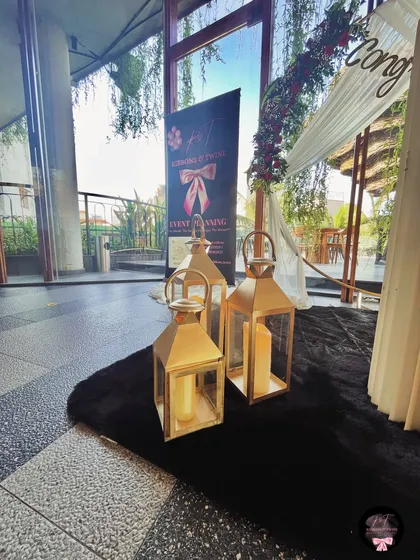 The lantern arrangement next to our company standee, part of the decor for a client's send-off party.