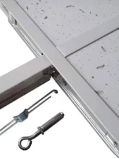 These images provide a technical look at a suspended grid ceiling system. They show the T-grid channels, hooks, clips, and fiber boards used to create a neat and functional false ceiling.