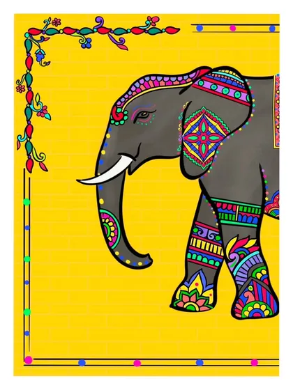 This vertical composition frames the majestic elephant, making it an ideal format for a poster or framed art print. The floral border adds a delicate touch to the powerful imagery.