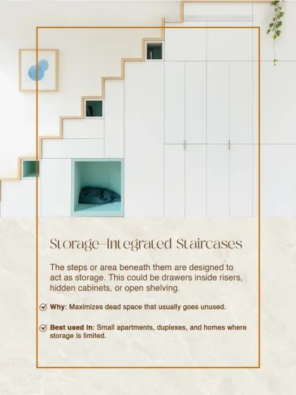Storage integrated staircases are a brilliant way to maximize dead space. We can design drawers inside risers or hidden cabinets underneath, which is perfect for apartments and duplexes.