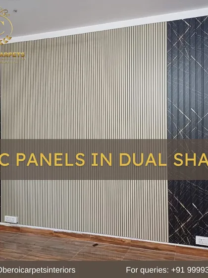 Another example of a dual-shade design, this wall combines our light wood-grain fluted panels with a dark, scratch-textured panel for a bold, modern statement.