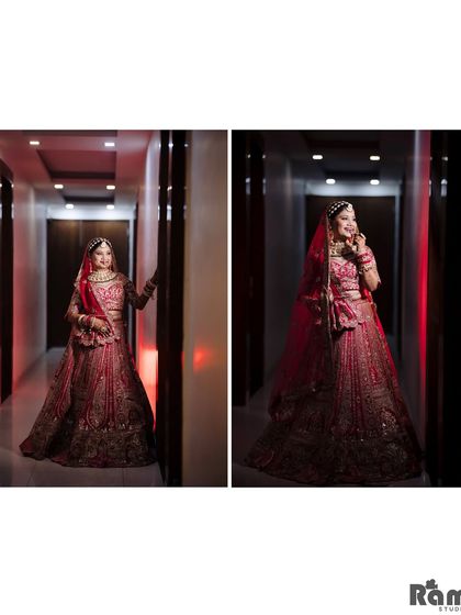A diptych of the bride in a corridor, showcasing her full bridal look in her magnificent red lehenga. The red lighting in one shot adds a modern, dramatic flair.