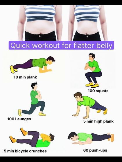 A quick workout for a flatter belly, showing before-and-after results and including exercises like planks, squats, and lunges.