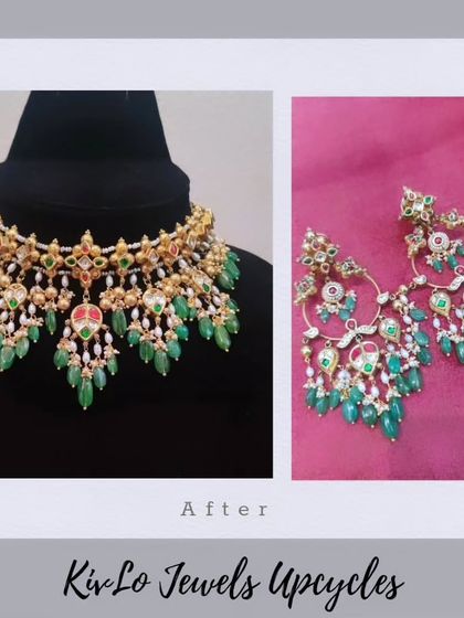 The stunning "After" shot of a full bridal choker and earring set, created from the small, mismatched pieces shown in the "Before" photos. The transformation is dramatic, showcasing a rich design with vibrant green emeralds.