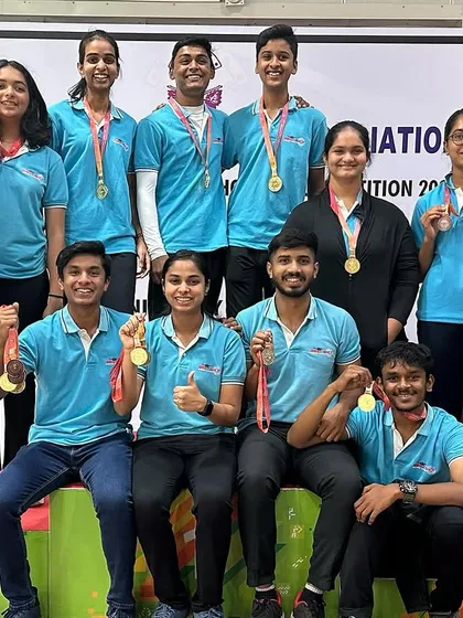 Our proud team of shooters on the podium after a fantastic performance at the Nagaraja Jagdale State Shooting Competition.