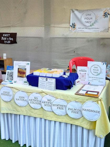 My stall setup, featuring the banner that lists my core principles: 100% Natural, No Artificial Colours or Scents, Palm Oil Free, and Handmade. This is my promise to you.