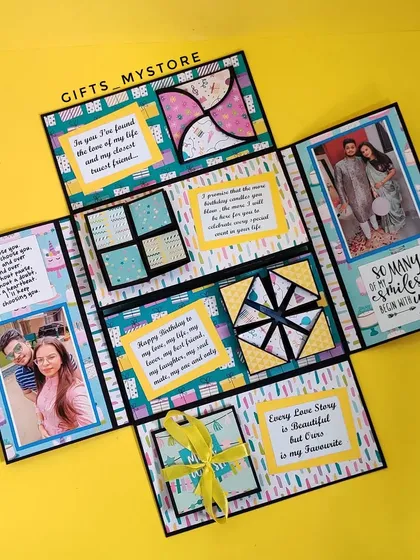 A multi-layered page from a birthday scrapbook, with lots of interactive cards and spaces for messages.