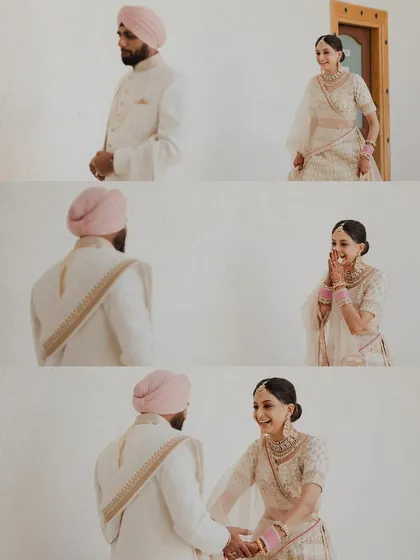 A three-part sequence of a first look, capturing the groom's anticipation, the bride's joyful reaction, and the moment they finally meet. The clean white background keeps the focus entirely on their emotions.