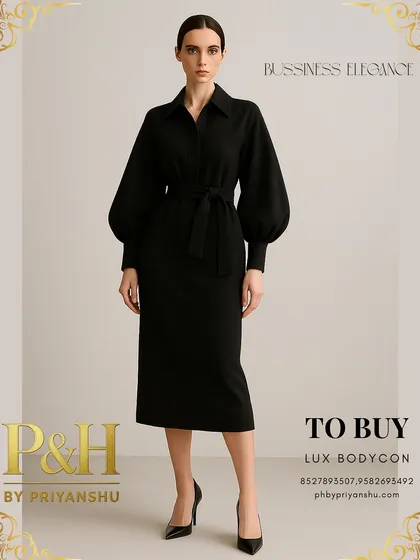 A showcase of understated power, this black bodycon dress features a unique belted waist and dramatic bishop sleeves. The collared neckline adds a touch of formal structure to the modern silhouette.