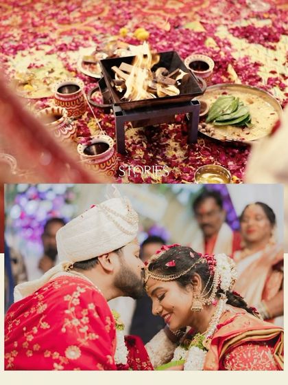 A collage capturing sacred moments from a South Indian wedding. The top image shows the holy fire (havan), while the bottom shows the groom tenderly kissing the bride's forehead after a ritual.