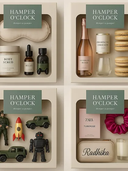 This graphic illustrates the different vibes we can create, from a relaxing spa day hamper to a celebratory champagne and macarons box. We can curate a gift for any mood or occasion, including fun themes for kids or personalized gifts for her.