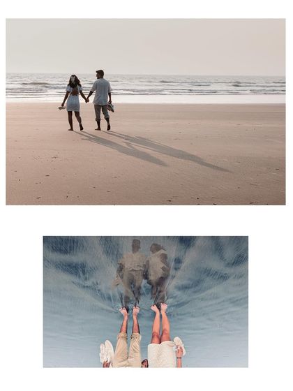 A creative collage with a walking shot and an inverted reflection of their feet in the water. It’s an artistic take on a classic beach shoot.