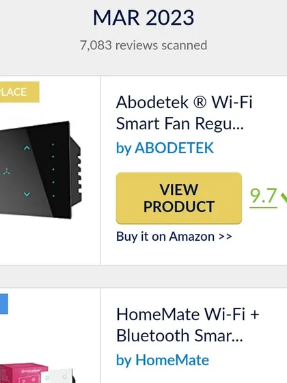 We are proud that our products are consistently recognized for their quality and performance. The Abodetek Wi-Fi Smart Fan Regulator was ranked in 1st place among top smart devices in a March 2023 review scan.