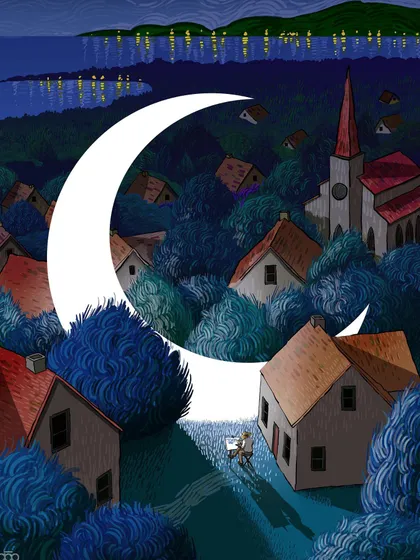 In this piece, the moon is not in the sky but in the artist's own backyard, a personal source of light and imagination. Vincent sits before a giant crescent moon, illustrating the idea that we can create our own light and inspiration, independent of the outside world.
