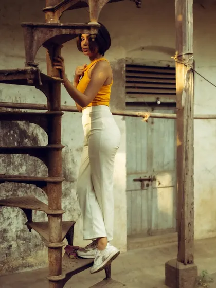 This set was shot around an old, rusty spiral staircase, using the location's texture and lines to create interesting compositions. The mix of color and B&W shows different ways to interpret the same scene.