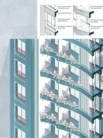 A detailed sectional illustration of a residential facade. The graceful curves of the balcony bands not only enhance the design but also create an inviting space to unwind and socialize in this elevated dwelling.