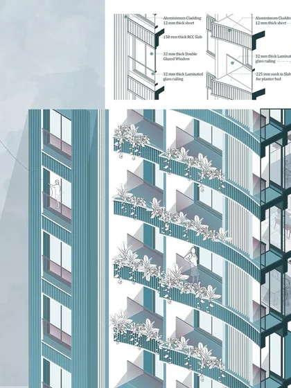 This drawing details the facade of a residential building, showing how the graceful curves of the balcony bands create a defining visual feature and invite residents to socialize.