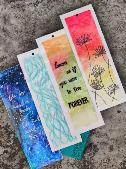 This collection shows the variety of my hand-painted bookmarks. I create designs for every mood, including cosmic galaxy themes, hand-lettered quotes, abstract waves, and delicate floral patterns, all painted on high-quality, textured paper.