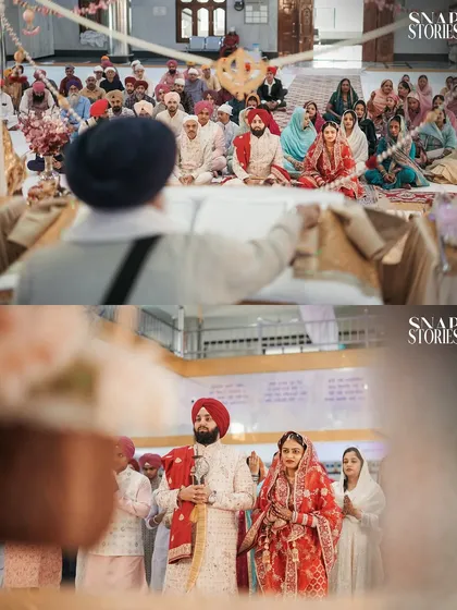 A collage showing the scale of the Anand Karaj ceremony and the couple's procession. Our wedding coverage is comprehensive, capturing both wide views and intimate details.