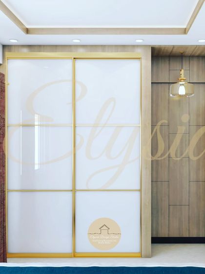 This master bedroom features a sliding wardrobe with a glossy white and gold finish. The design saves space while adding a touch of glamour, perfectly complementing the room's luxurious feel.