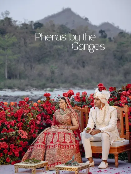 Designing for a destination as sacred as the Ganges requires a deep respect for the surroundings. I created this powerful yet simple mandap with a sea of red roses, allowing the grandeur of the Himalayas and the spirit of the river to be the main characters in the couple's story.