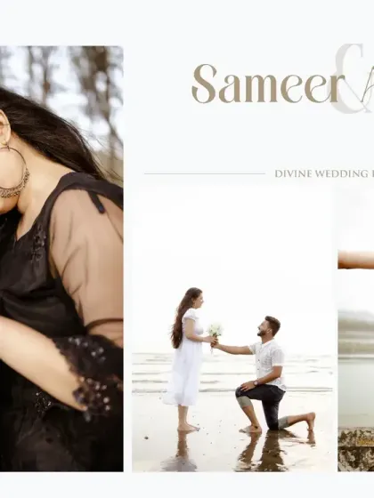 A beautiful collage summarizing the couple's pre-wedding story, from a romantic proposal on the beach to intimate moments in the woods.