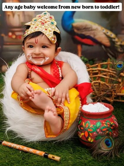 This graphic provides all the details for my Janmashtami 2025 photoshoot, including dates, price, and what's included.