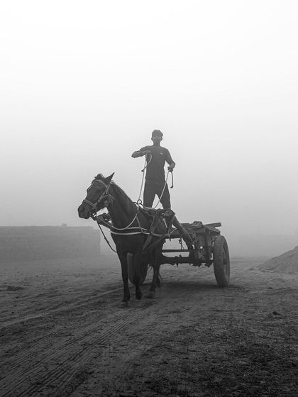 A worker stands on a horse-drawn cart in the foggy morning at a brick kiln, a minimalist and atmospheric black and white scene.