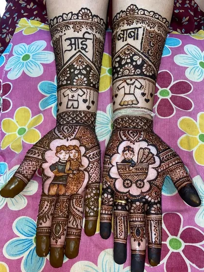 A slightly different view of the baby shower portrait mehandi, highlighting the intricate details and shading.