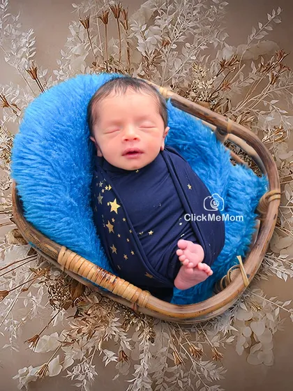 A beautiful portrait of a baby boy in a navy blue swaddle with gold stars, resting in a rustic basket against a backdrop of delicate dried flowers.