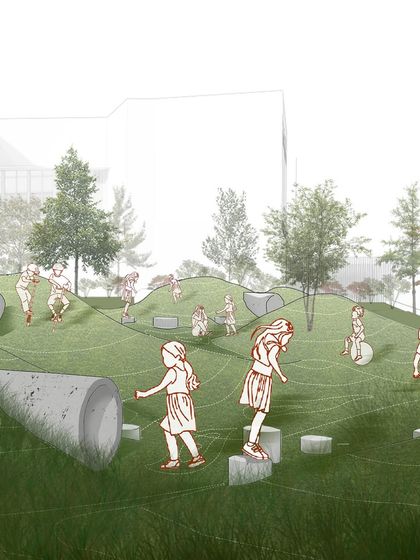 Our illustration shows the vision for an interactive, playful environment at the school. The design features undulating mounds, stepping stones, and embedded tunnels to encourage active exploration and imaginative play.