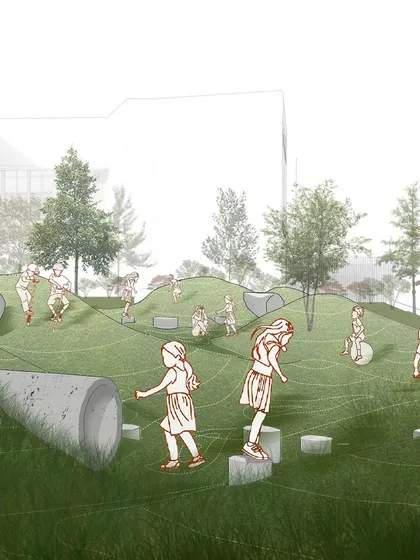 Our illustration shows the vision for an interactive, playful environment at the school. The design features undulating mounds, stepping stones, and embedded tunnels to encourage active exploration and imaginative play.