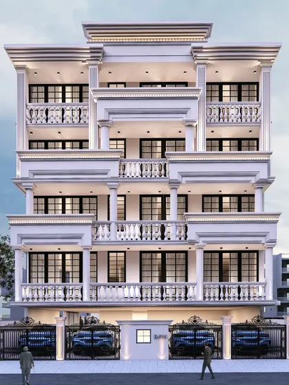 A residential building in a classical architectural style, featuring ornate balustrades, symmetrical window placements, and detailed cornices. The design evokes the grandeur of colonial-era architecture.