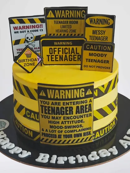 A funny "Official Teenager" cake for a 13th birthday. The design is covered in warning signs about entering a teenager's room, perfect for a laugh.