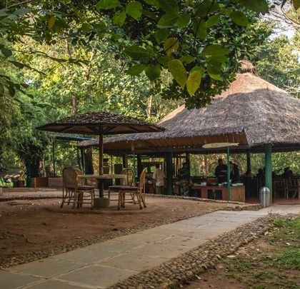 The 'Gol Ghar' or circular dining area at Kali Adventure Camp, a common feature in Jungle Lodges where guests gather to share meals and stories.