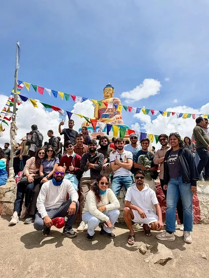 The whole crew gathered at the Langza Buddha statue. It's a powerful spot that offers panoramic views of the surrounding mountains.