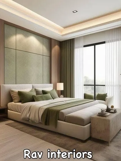 This master bedroom is a perfect example of a serene retreat. We used a soothing green and wood theme, with a floor-to-ceiling upholstered headboard, ambient bedside lighting, and large windows to create a connection with the outdoors. It’s a space designed for ultimate rest and relaxation.