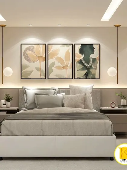 A beautiful bedroom with a soft, warm color palette. The design features botanical artwork and elegant pendant lights.