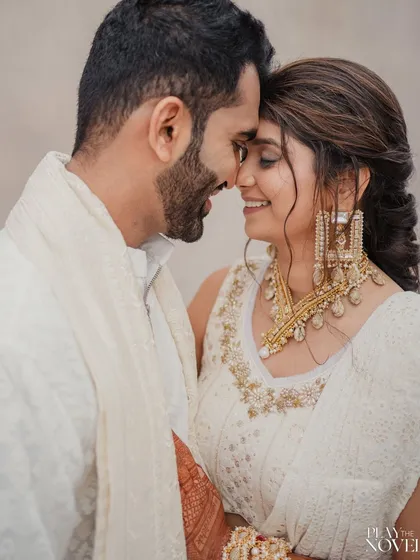 An intimate portrait of the couple, capturing their love and happiness during their Jaipur destination wedding.