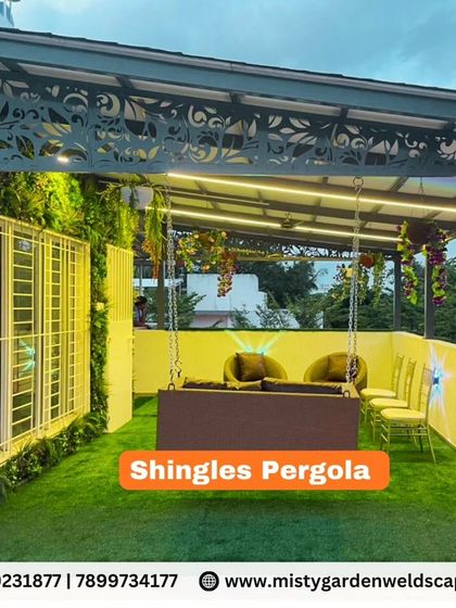A modern terrace can be a green oasis. This project features a waterproof shingles pergola, a lush vertical garden, and artificial grass, creating a vibrant and relaxing outdoor lounge area that is both stylish and low maintenance.